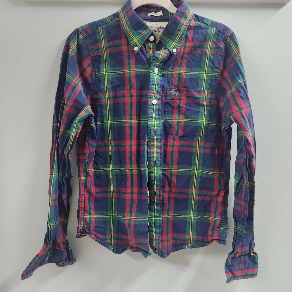 Abercrombie & Fitch Men's Navy Red Green Plaid Button-Down Shirt